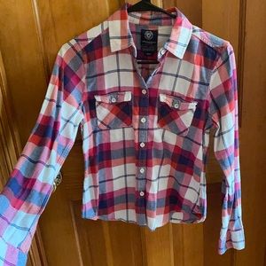 Red, white, pink and navy blue plaid shirt
